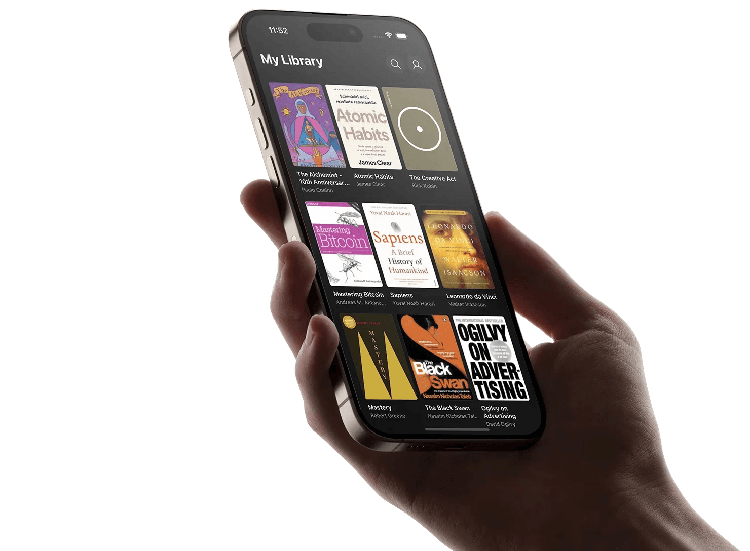 iPhone showing the Superbook library with a grid of book covers